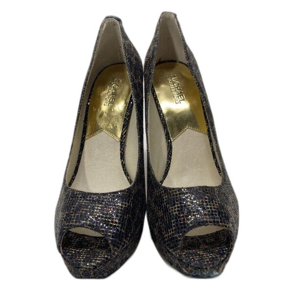 Michael Michael Kors York Platform Women Open Toe Cheetah Brown Glitter Heel 10 - Picture 1 of 6